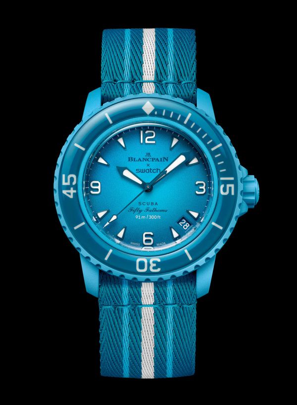 swatch blancpain blue lagoon lichtblauw bioceramic scuba nieuw hype horloge
