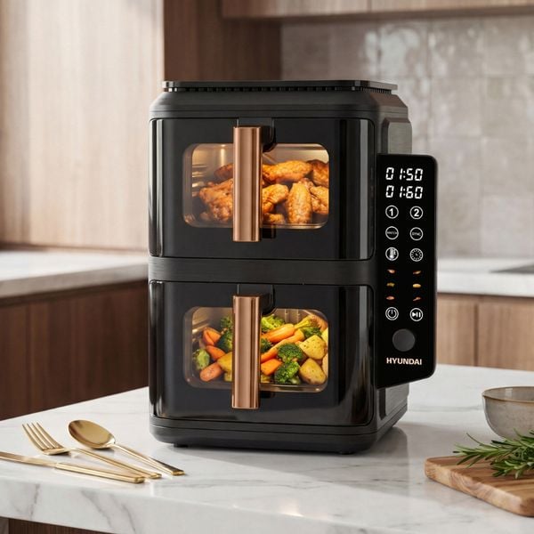 Hyundai Electronics EasyView Gestapelde Airfryer 99 euro gratis zout en pepermolen van buccan