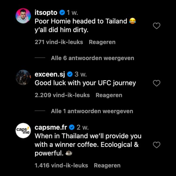 Reed Harington Instagram populairste reactie meeste likes meest gelikete reactie viral video UFC Thailand