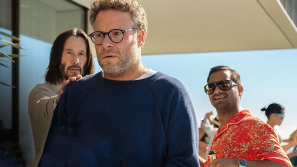 Cast Good Fortune Van links naar rechts: Keanu Reeves, Seth Rogan en Aziz Ansari.