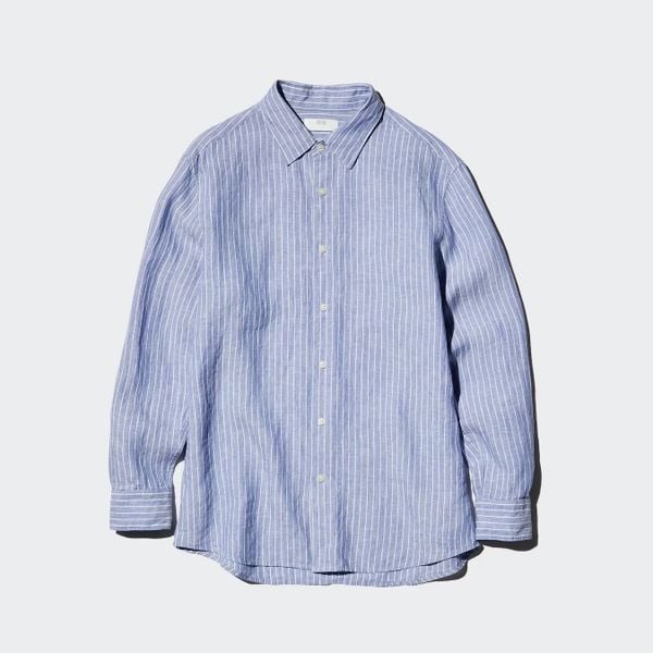 100% Premium Linnen Overhemd uniqlo lichtblauw wit streepje 49,90 euro relaxte artistieke look