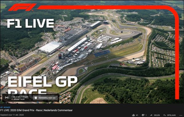 formule 1, gratis kijken, gp van eifel 2020, youtube, f1, nurburgring, live, max verstappen