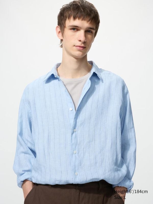 100% Premium Linnen Overhemd uniqlo lichtblauw 49,90 euro relaxte artistieke look