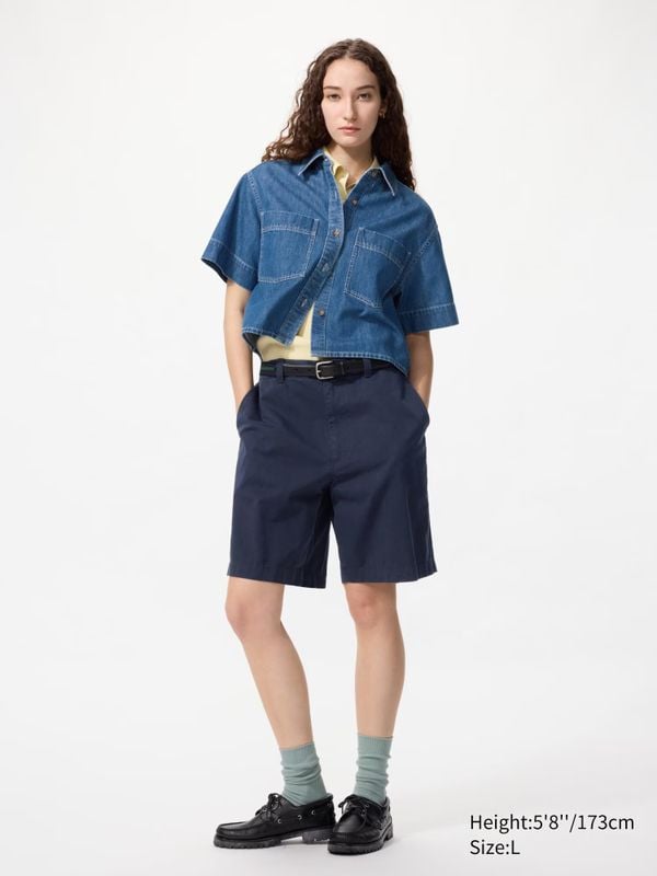 uniqlo chino gebroken navy perfecte relaxed-fit korte broek op knielengte dames