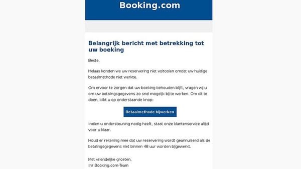 Phishingmail van booking.com