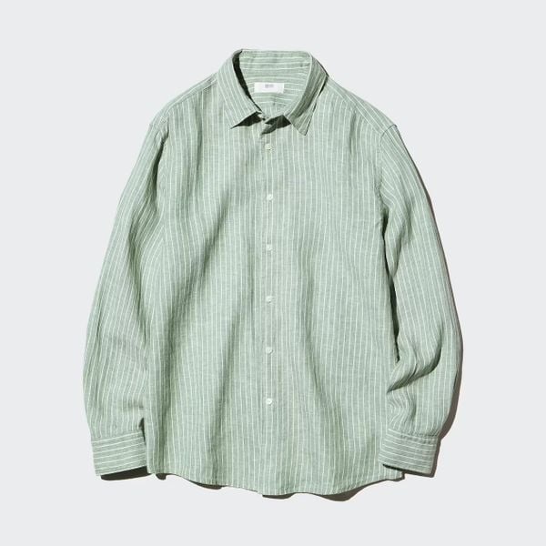 100% Premium Linnen Overhemd uniqlo lichtgroen wit streepje 49,90 euro relaxte artistieke look