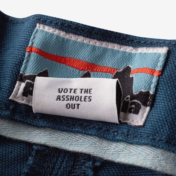 patagonia, vote the assholes out, tag, label, kledinglabel