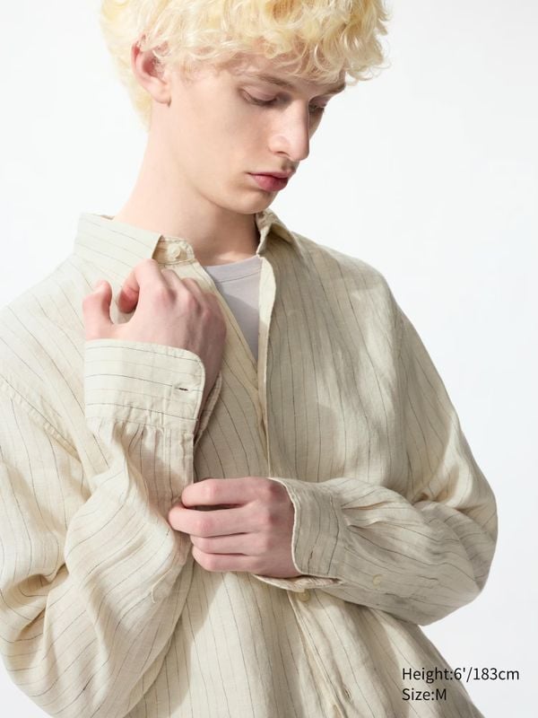 100% Premium Linnen Overhemd uniqlo beige naturel 49,90 euro relaxte artistieke look