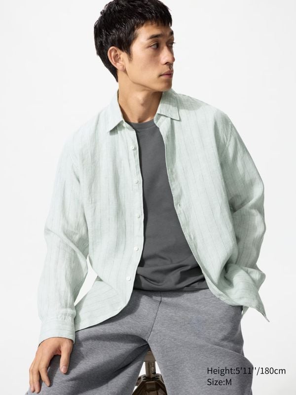 100% Premium Linnen Overhemd uniqlo groen 49,90 euro relaxte artistieke look
