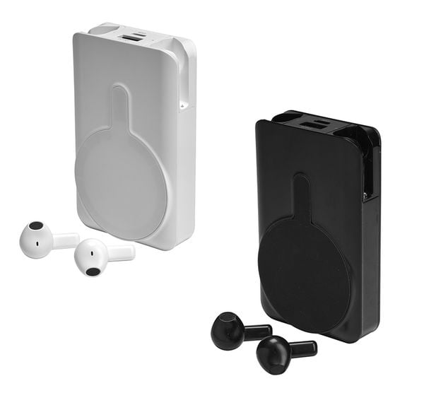 Denver PWE-5000 2-in-1 Powerbank met Bluetooth airpods oortjes voor 29 euro
